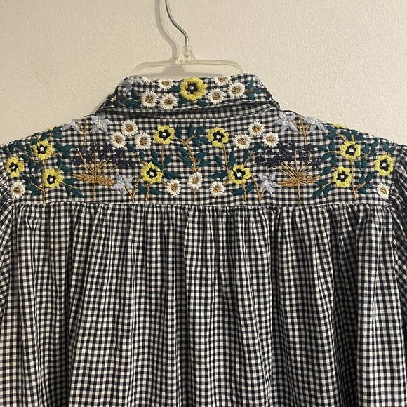 SOLD Inoui Paris XS Embroidered Gingham Check Blouse Blue White Balloon Sleev… - Picture 7 of 10